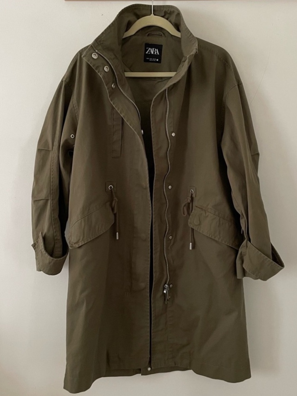 Zara Trench Coat Removable Hood Cotton Parka Size Small Army Green Oversized - Picture 11 of 13